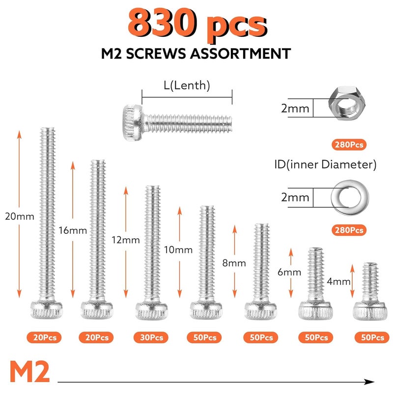 Hapric 830 Pcs M2 Screws Assortment Kit Metric Nuts and Bolts M2*4mm/6mm/8mm/10mm/12mm/16mm/20mm Metric Machine Screw Kit, 304 Stainless Steel Hex Socket Head Screws Nuts Bolts and Washers Set - Image 2